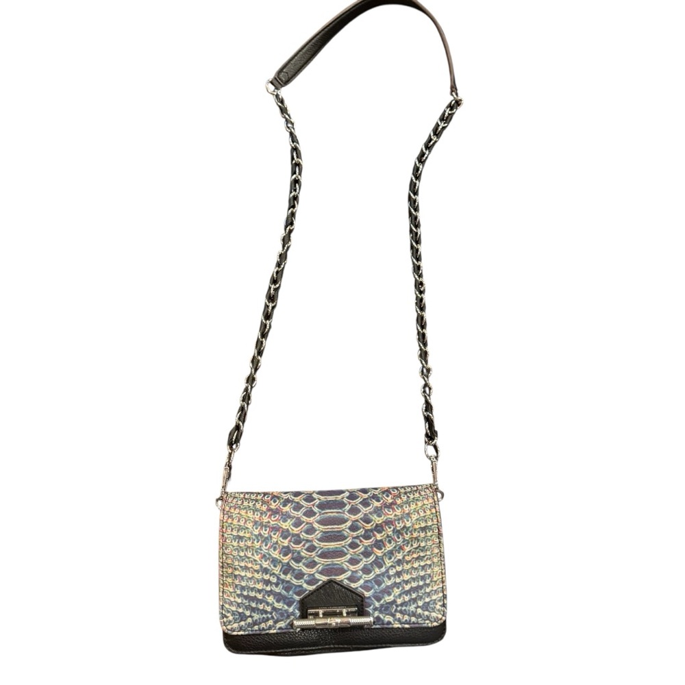 Aimee Kestenberg Black Leather Embossed Snake Crossbody Bag with Chain Strap